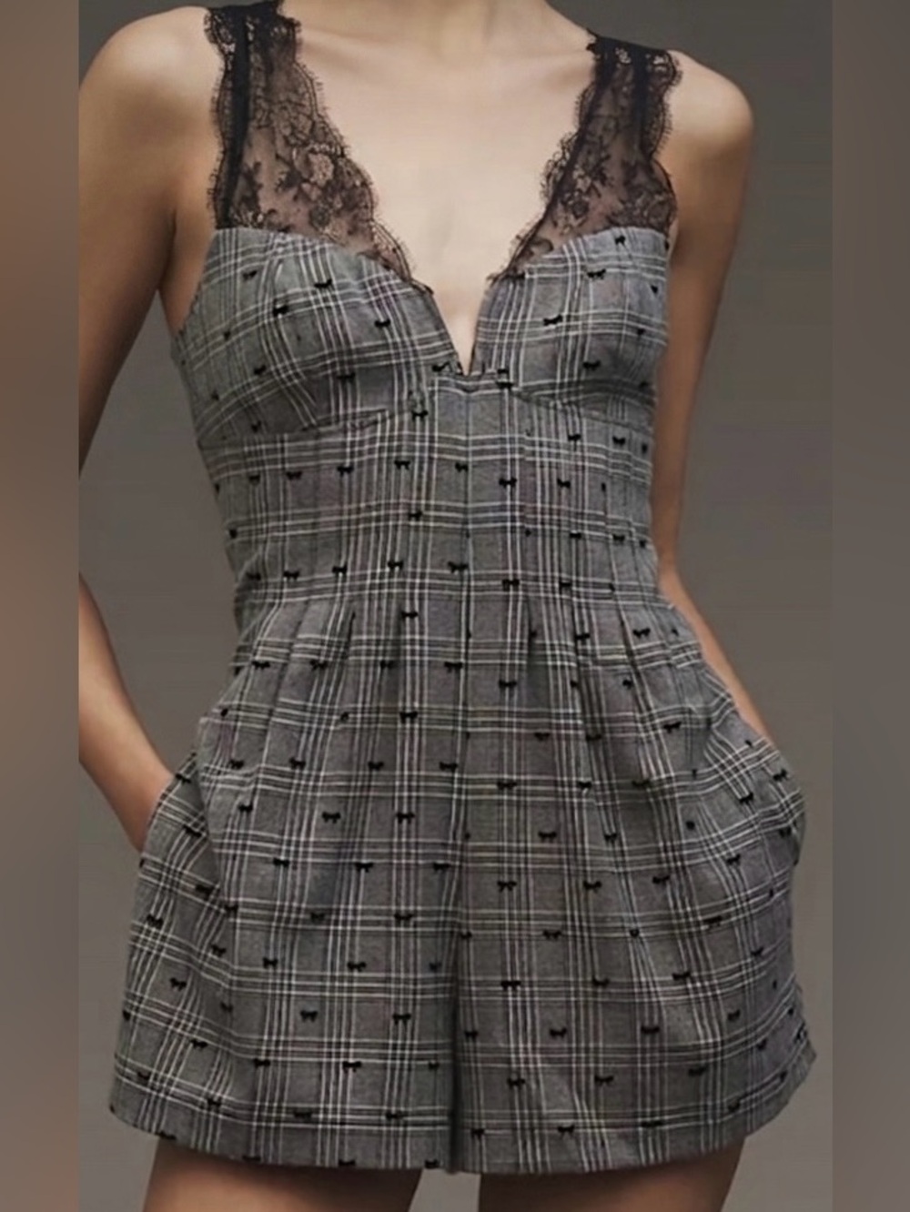Anthropologie Maeve V-Neck Lacy Romper Gray Plaid Lace Bow Detail Size 14